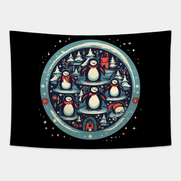 Penguin in Ornmament, Love Penguins Tapestry by logiamerch