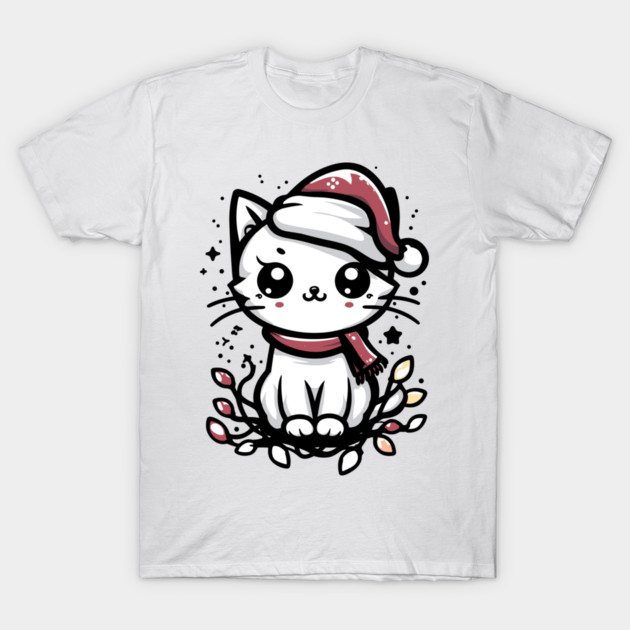 Cute Christmas Cat Santa Hat Christmas Lights Adorable T-Shirt by Frank Ring