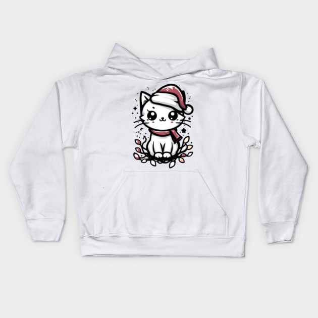 Cute Christmas Cat Santa Hat Christmas Lights Adorable Kids Hoodie by Frank Ring