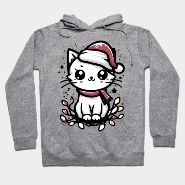 Cute Christmas Cat Santa Hat Christmas Lights Adorable Hoodie by Frank Ring