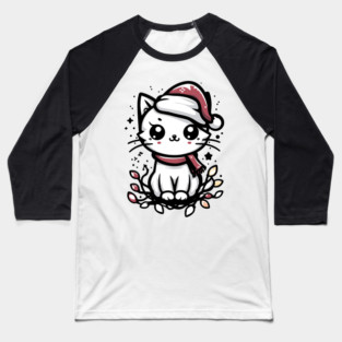 Cute Christmas Cat Santa Hat Christmas Lights Adorable Baseball T-Shirt
