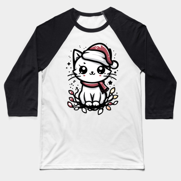 Cute Christmas Cat Santa Hat Christmas Lights Adorable Baseball T-Shirt by Frank Ring