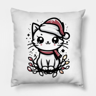 Cute Christmas Cat Santa Hat Christmas Lights Adorable Pillow