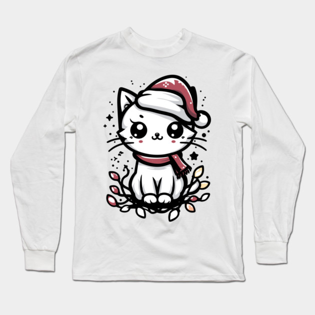 Cute Christmas Cat Santa Hat Christmas Lights Adorable Long Sleeve T-Shirt by Frank Ring