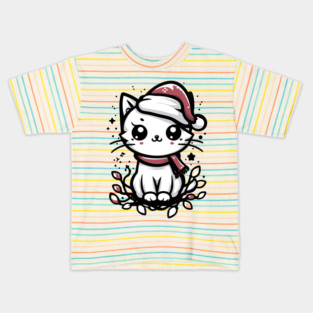 Cute Christmas Cat Santa Hat Christmas Lights Adorable Kids T-Shirt