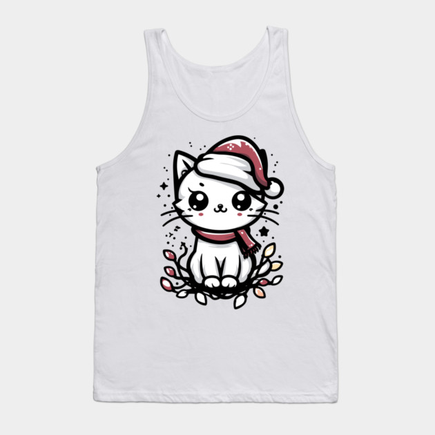 Cute Christmas Cat Santa Hat Christmas Lights Adorable Tank Top by Frank Ring