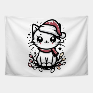 Cute Christmas Cat Santa Hat Christmas Lights Adorable Tapestry