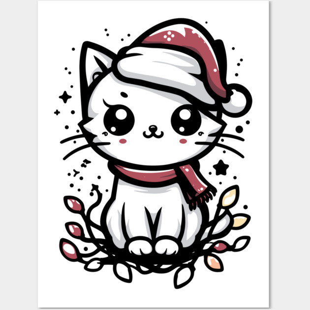 Cute Christmas Cat Santa Hat Christmas Lights Adorable Wall Art by Frank Ring