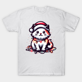 Cute Christmas Cat Santa Hat Christmas Lights Adorable T-Shirt
