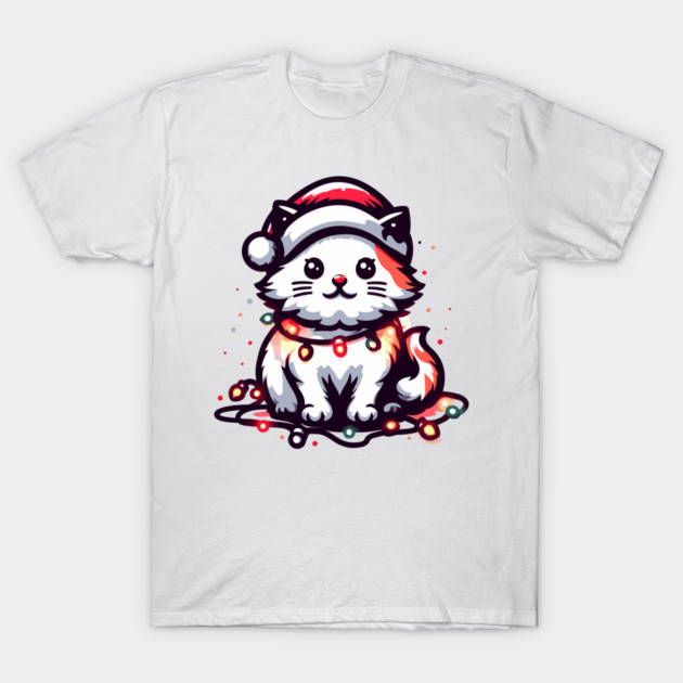 Cute Christmas Cat Santa Hat Christmas Lights Adorable T-Shirt by Frank Ring