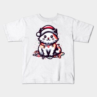 Cute Christmas Cat Santa Hat Christmas Lights Adorable Kids T-Shirt
