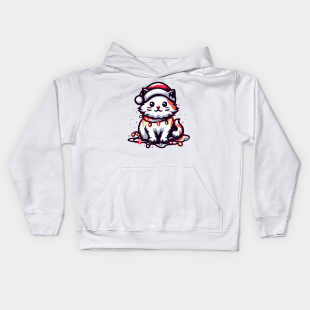 Cute Christmas Cat Santa Hat Christmas Lights Adorable Kids Hoodie by Frank Ring