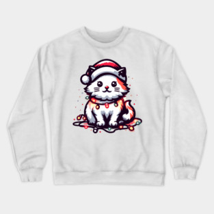 Cute Christmas Cat Santa Hat Christmas Lights Adorable Crewneck Sweatshirt