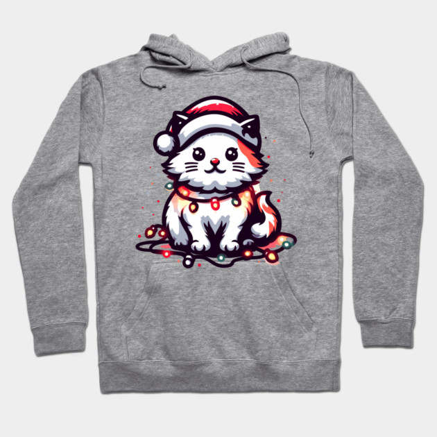 Cute Christmas Cat Santa Hat Christmas Lights Adorable Hoodie by Frank Ring