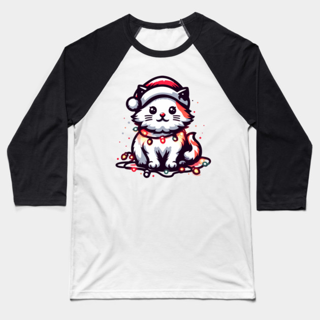 Cute Christmas Cat Santa Hat Christmas Lights Adorable Baseball T-Shirt by Frank Ring