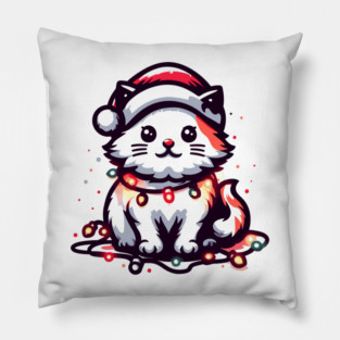 Cute Christmas Cat Santa Hat Christmas Lights Adorable Pillow