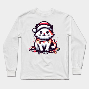 Cute Christmas Cat Santa Hat Christmas Lights Adorable Long Sleeve T-Shirt