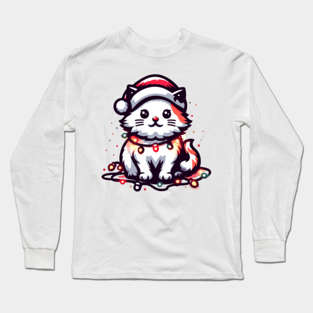 Cute Christmas Cat Santa Hat Christmas Lights Adorable Long Sleeve T-Shirt by Frank Ring
