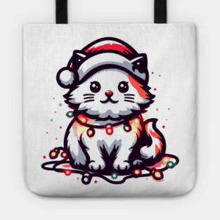Cute Christmas Cat Santa Hat Christmas Lights Adorable Tote