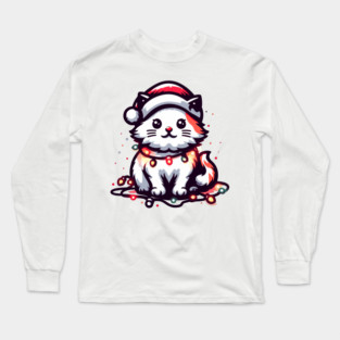 Cute Christmas Cat Santa Hat Christmas Lights Adorable Long Sleeve T-Shirt