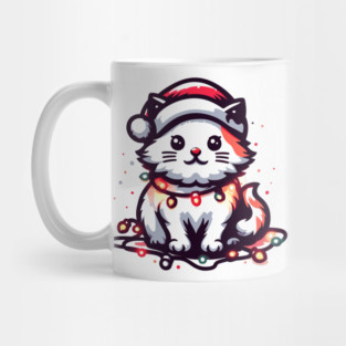 Cute Christmas Cat Santa Hat Christmas Lights Adorable Mug