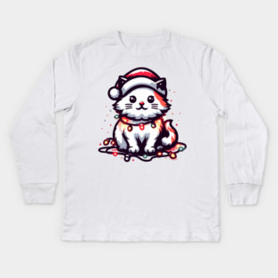 Cute Christmas Cat Santa Hat Christmas Lights Adorable Kids Long Sleeve T-Shirt