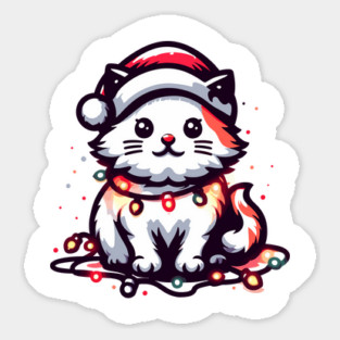 Cute Christmas Cat Santa Hat Christmas Lights Adorable Sticker