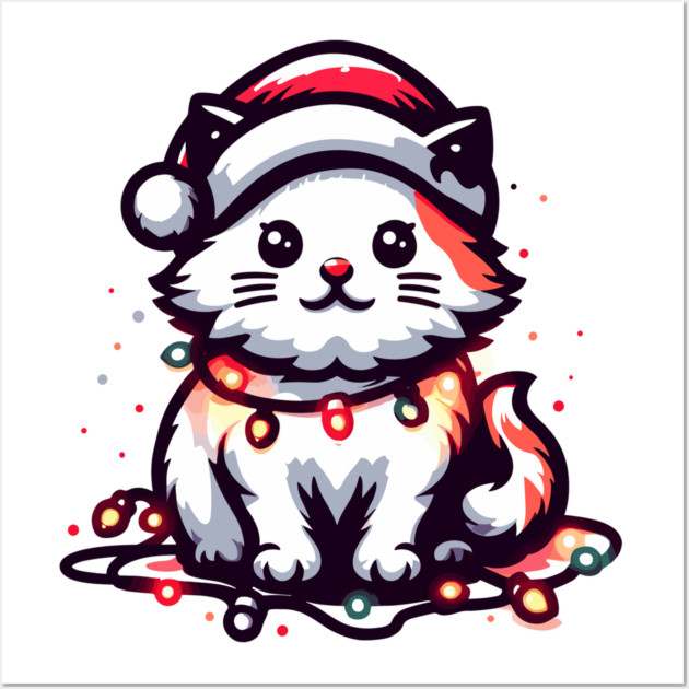 Cute Christmas Cat Santa Hat Christmas Lights Adorable Wall Art by Frank Ring