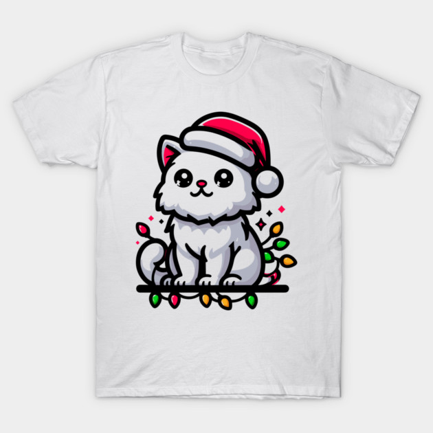 Cute Christmas Cat Santa Hat Christmas Lights Adorable T-Shirt by Frank Ring