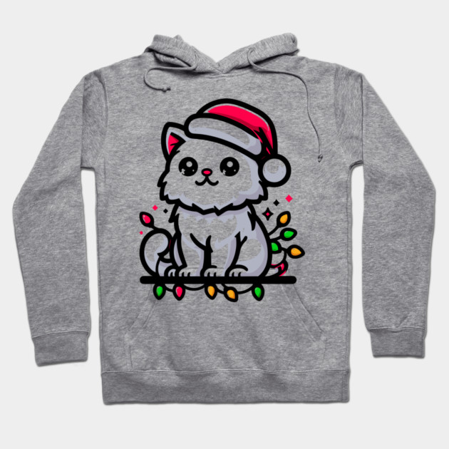 Cute Christmas Cat Santa Hat Christmas Lights Adorable Hoodie by Frank Ring
