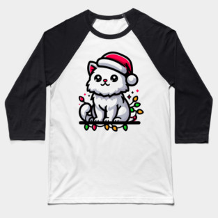 Cute Christmas Cat Santa Hat Christmas Lights Adorable Baseball T-Shirt