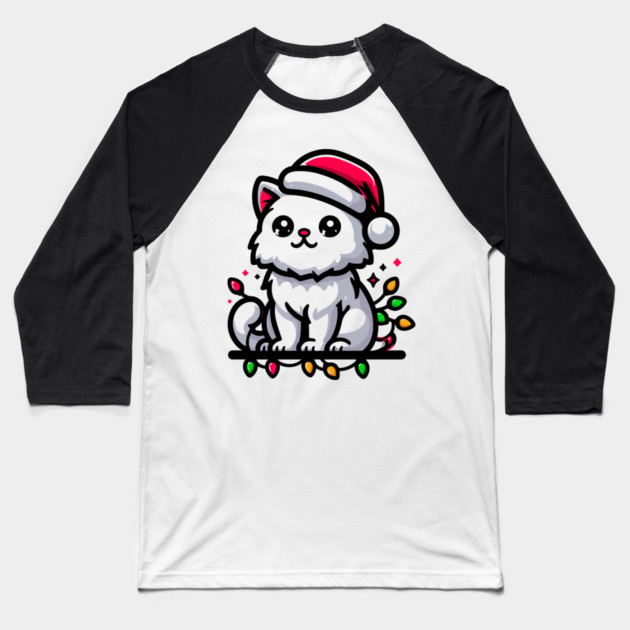 Cute Christmas Cat Santa Hat Christmas Lights Adorable Baseball T-Shirt by Frank Ring
