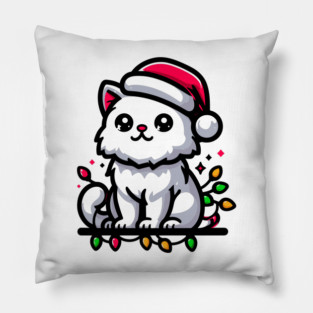 Cute Christmas Cat Santa Hat Christmas Lights Adorable Pillow