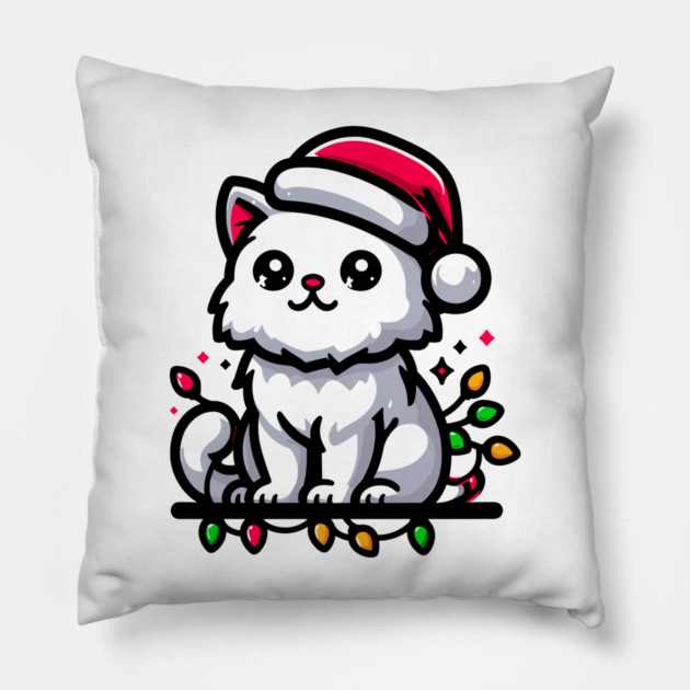 Cute Christmas Cat Santa Hat Christmas Lights Adorable Pillow by Frank Ring