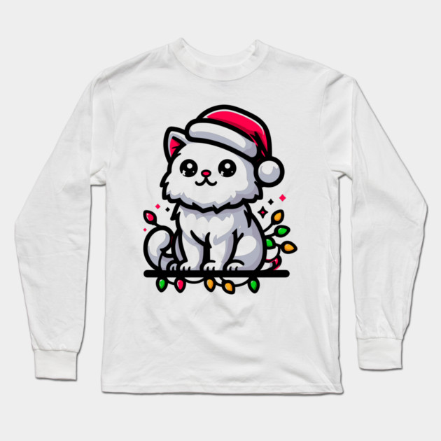 Cute Christmas Cat Santa Hat Christmas Lights Adorable Long Sleeve T-Shirt by Frank Ring