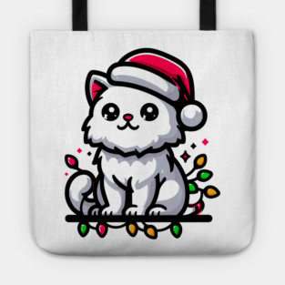 Cute Christmas Cat Santa Hat Christmas Lights Adorable Tote