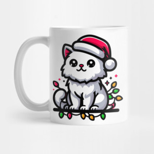 Cute Christmas Cat Santa Hat Christmas Lights Adorable Mug