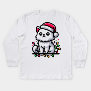 Cute Christmas Cat Santa Hat Christmas Lights Adorable Kids Long Sleeve T-Shirt
