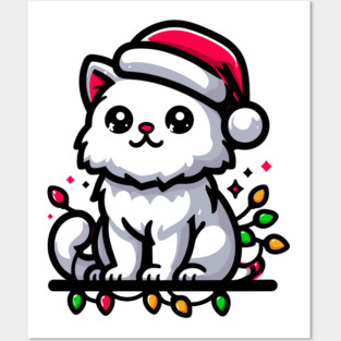 Cute Christmas Cat Santa Hat Christmas Lights Adorable Posters and Art