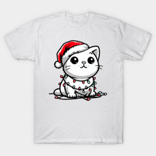 Cute Christmas Cat Santa Hat Christmas Lights Adorable T-Shirt
