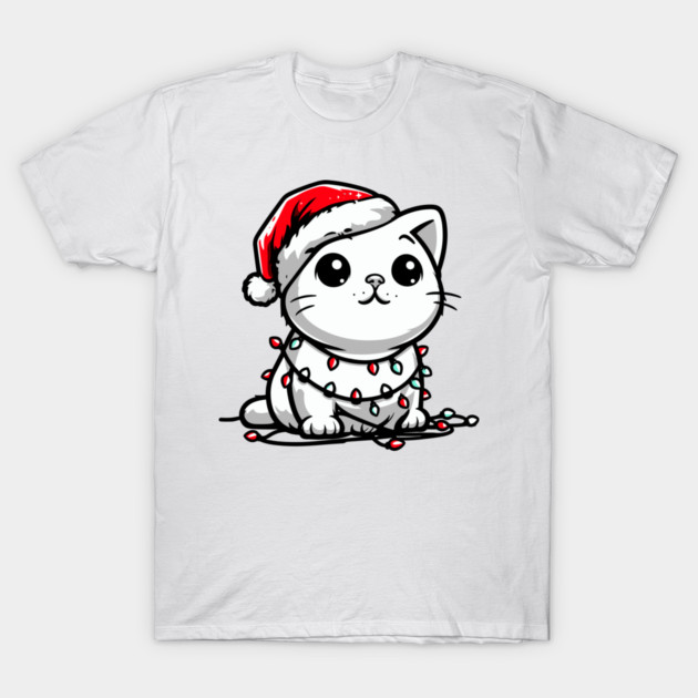 Cute Christmas Cat Santa Hat Christmas Lights Adorable T-Shirt by Frank Ring