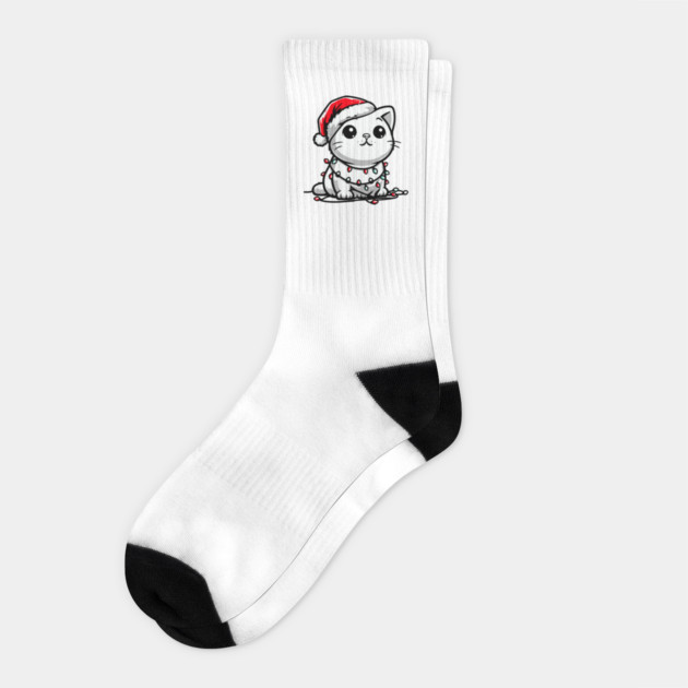 Cute Christmas Cat Santa Hat Christmas Lights Adorable Socks by Frank Ring