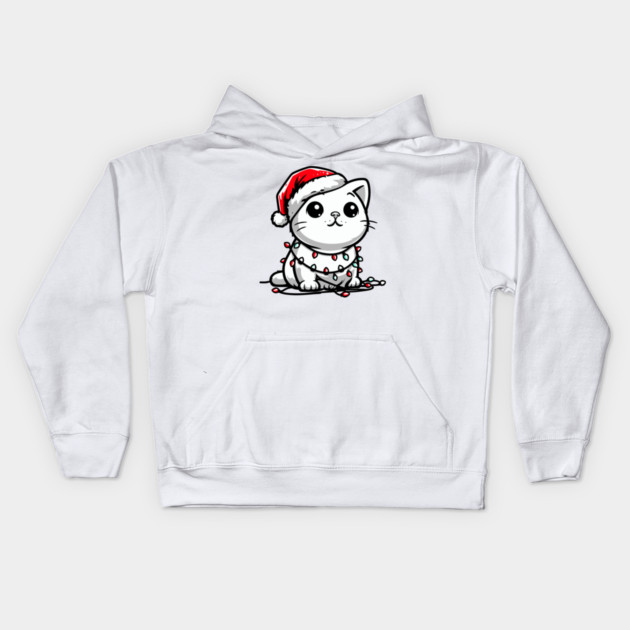 Cute Christmas Cat Santa Hat Christmas Lights Adorable Kids Hoodie by Frank Ring