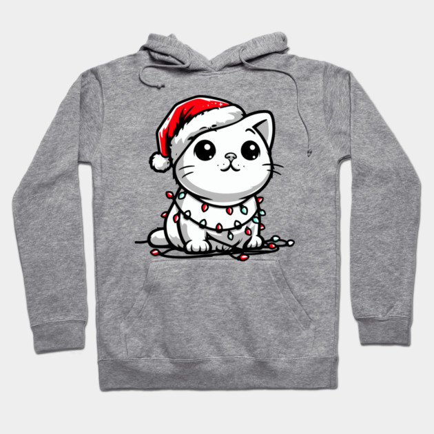 Cute Christmas Cat Santa Hat Christmas Lights Adorable Hoodie by Frank Ring