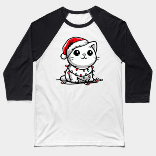 Cute Christmas Cat Santa Hat Christmas Lights Adorable Baseball T-Shirt