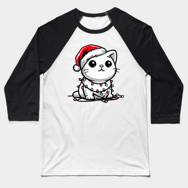 Cute Christmas Cat Santa Hat Christmas Lights Adorable Baseball T-Shirt by Frank Ring