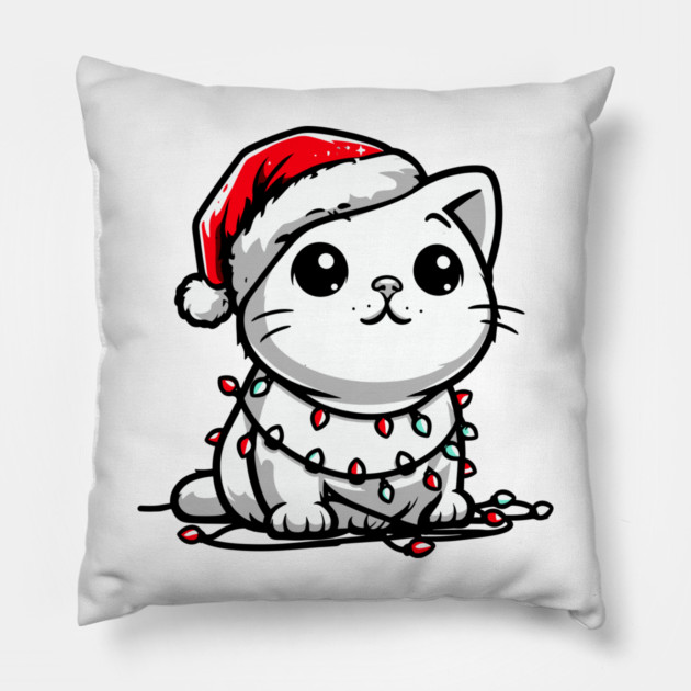 Cute Christmas Cat Santa Hat Christmas Lights Adorable Pillow by Frank Ring