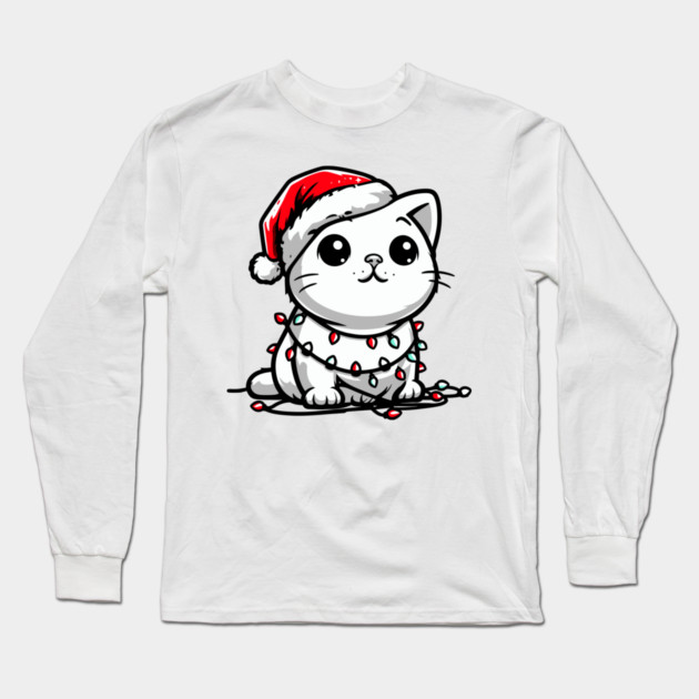 Cute Christmas Cat Santa Hat Christmas Lights Adorable Long Sleeve T-Shirt by Frank Ring