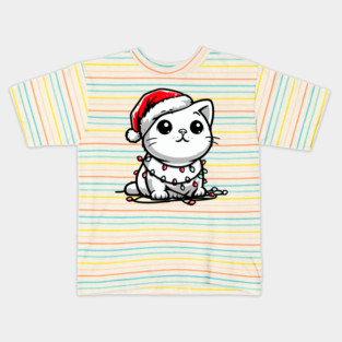Cute Christmas Cat Santa Hat Christmas Lights Adorable Kids T-Shirt