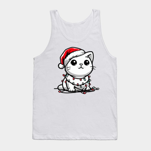 Cute Christmas Cat Santa Hat Christmas Lights Adorable Tank Top by Frank Ring